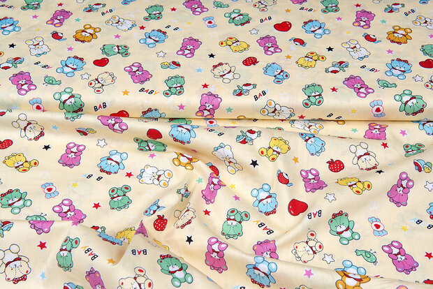 Katoen Poplin bedrukt baby bears lichtgeel