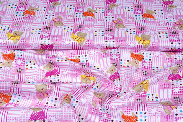 Katoen Poplin bedrukt bears with stars roze