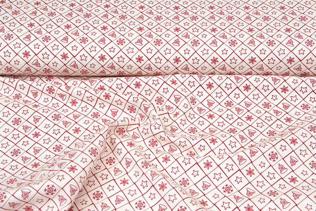 Katoen Poplin bedrukt kerst symbols ecru