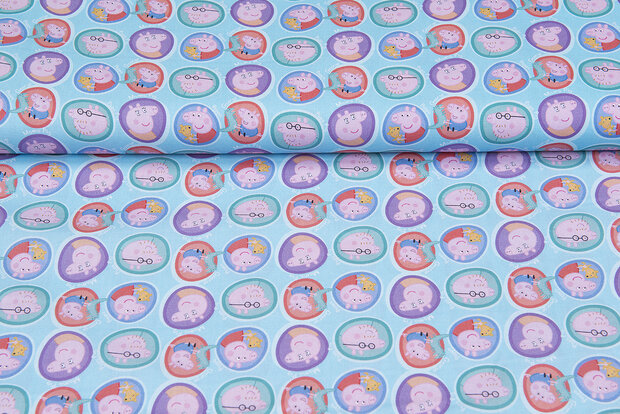 Licentie Katoen Poplin bedrukt Peppa Pig blauw