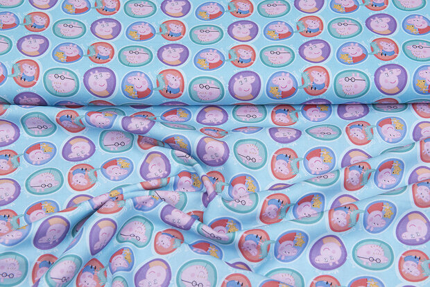 Licentie Katoen Poplin bedrukt Peppa Pig blauw