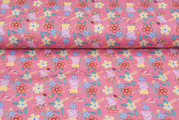 Licentie Katoen Poplin bedrukt Peppa Pig peach