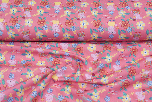 Licentie Katoen Poplin bedrukt Peppa Pig peach