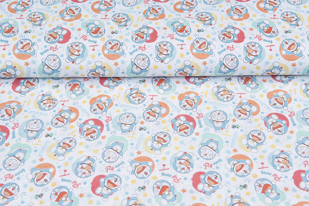 Licentie Katoen Poplin bedrukt Doraemon wit-mint