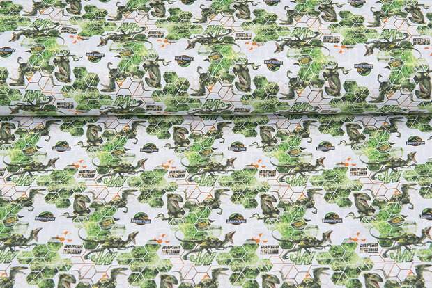 Licentie Katoen Poplin bedrukt Jurrassic World wit-groen
