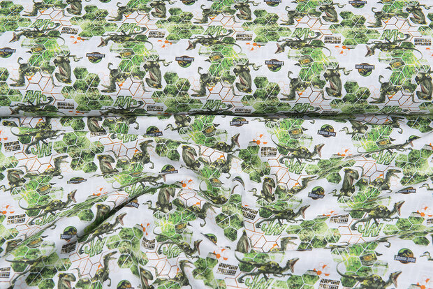 Licentie Katoen Poplin bedrukt Jurrassic World wit-groen