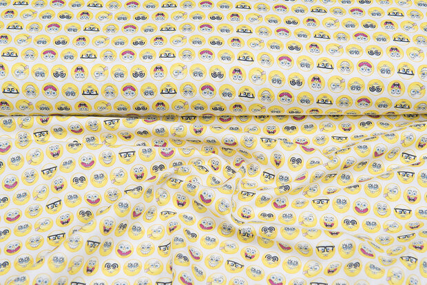 Licentie Katoen Poplin bedrukt Spongebob wit-geel
