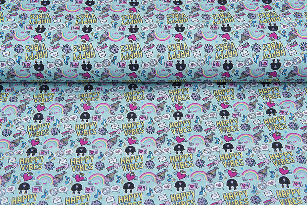 Licentie Katoen Poplin bedrukt Trolls rainbow-mint