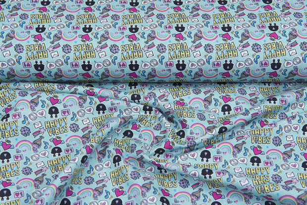 Licentie Katoen Poplin bedrukt Trolls rainbow-mint