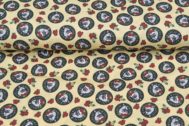 Licentie Katoen Poplin bedrukt Frida Kahlo geel