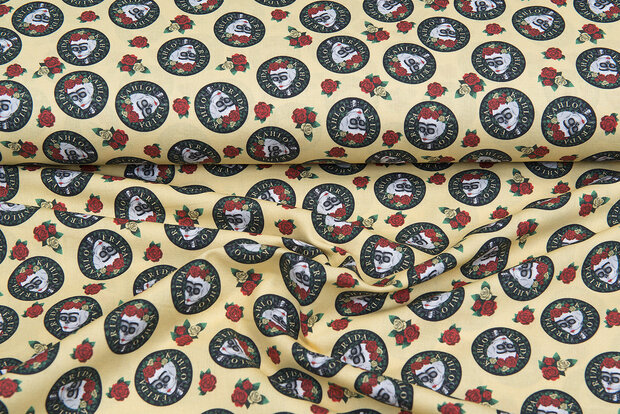 Licentie Katoen Poplin bedrukt Frida Kahlo geel