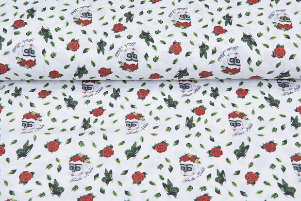 Licentie Katoen Poplin bedrukt Frida Kahlo wit