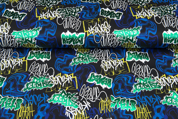 French Terry bedrukt graffiti foil multicolor zwart