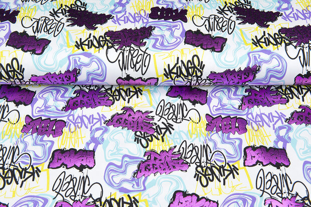 French Terry bedrukt graffiti foil multicolor wit