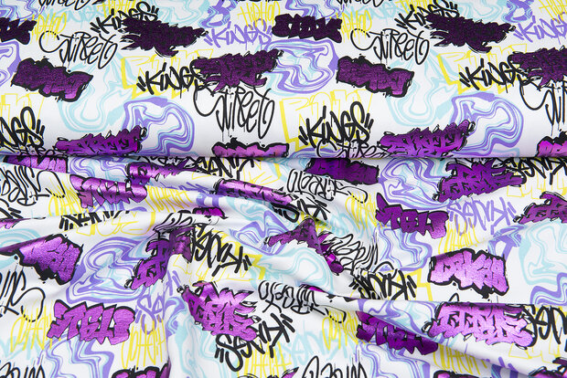 French Terry bedrukt graffiti foil multicolor wit