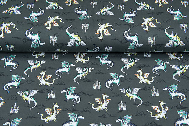 French Terry bedrukt flying dragon legergroen
