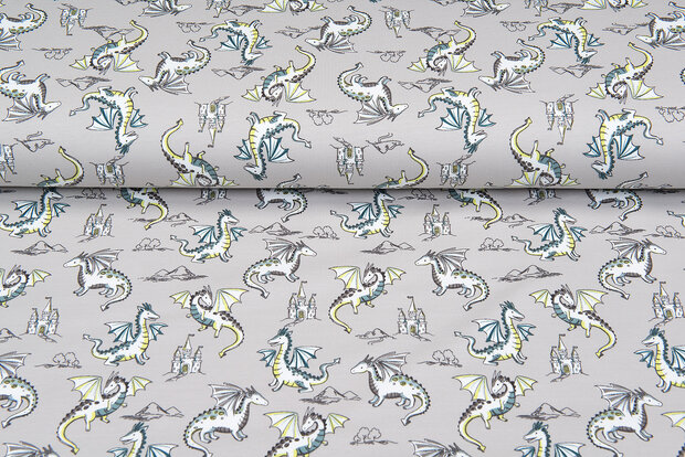 French Terry bedrukt flying dragon licht taupe