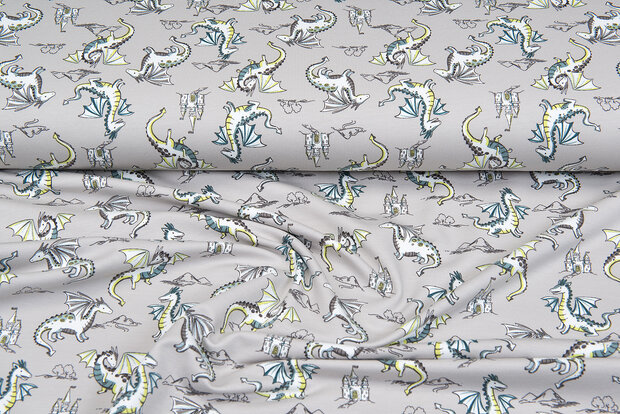 French Terry bedrukt flying dragon licht taupe