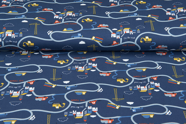 Katoenen Tricot bedrukt traffic denim