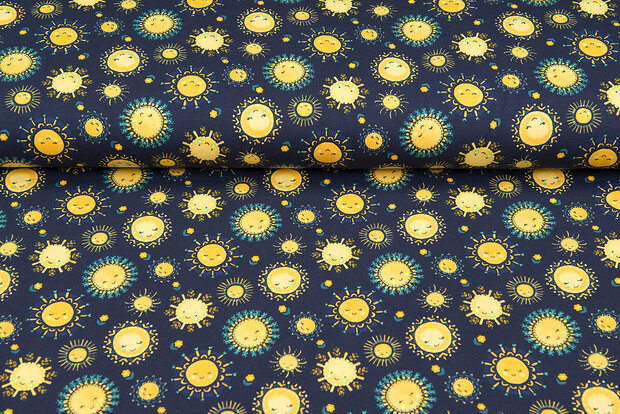Katoenen Tricot bedrukt sunshine donkerblauw