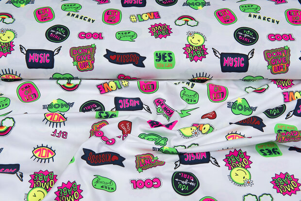 Katoenen Tricot bedrukt neon stickers off-white