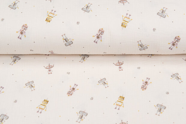 Baumwoll Musselin bedruckt robots beige