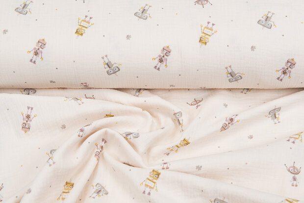Baumwoll Musselin bedruckt robots beige