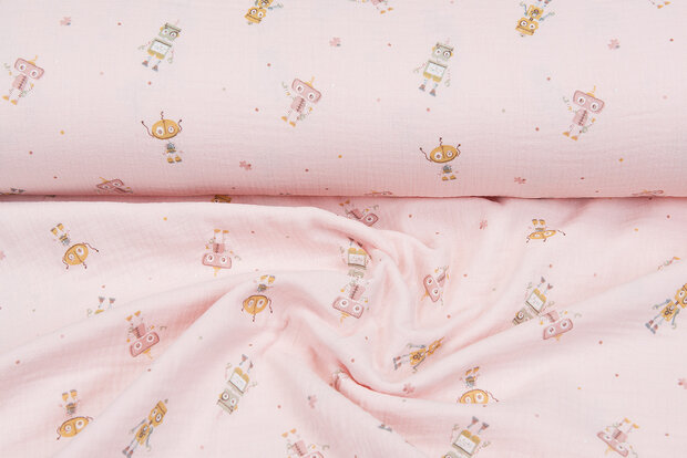 Baumwoll Musselin bedruckt robots with dots hellrosa