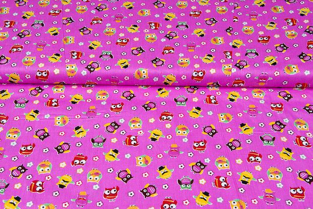 Katoen Poplin bedrukt owls roze