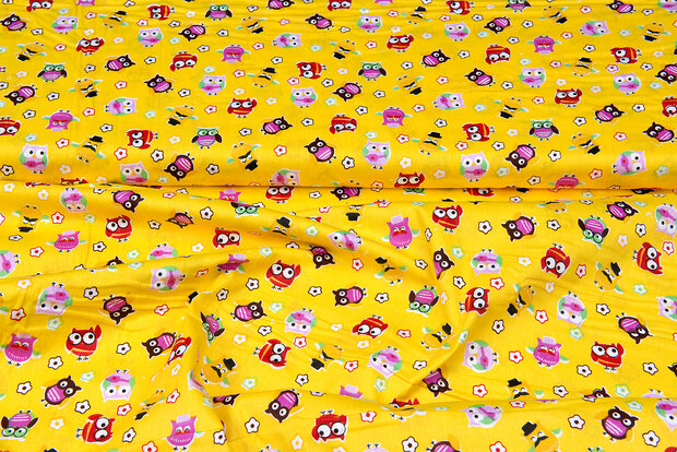 Katoen Poplin bedrukt little owls geel