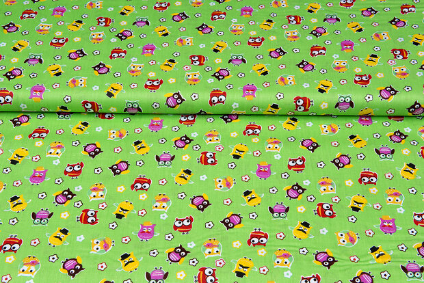 Katoen Poplin bedrukt little owls groen