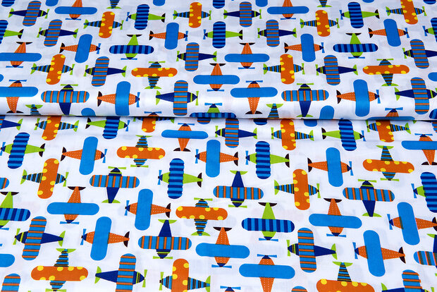 Katoen Poplin bedrukt airplane wit-blauw
