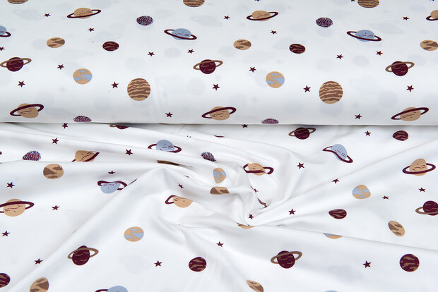 Katoenen Tricot bedrukt mini astro world ecru - bordeaux