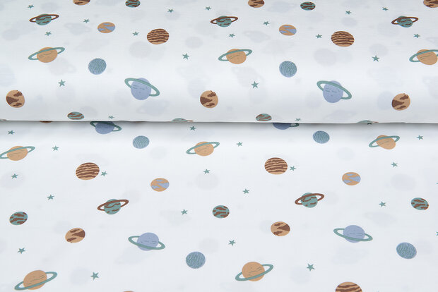Katoenen Tricot bedrukt mini astro world ecru - oudgroen