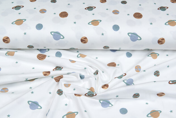 Katoenen Tricot bedrukt mini astro world ecru - oudgroen