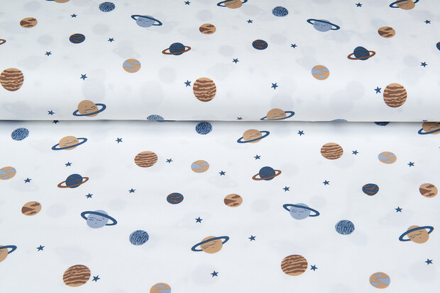 Katoenen Tricot bedrukt mini astro world ecru - metaalblauw