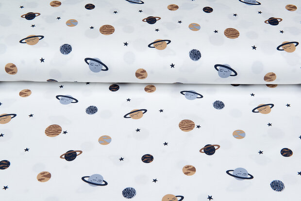 Katoenen Tricot bedrukt mini astro world ecru - donkerblauw