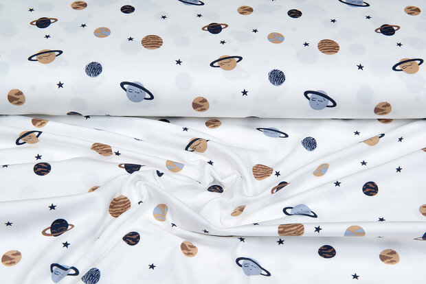 Katoenen Tricot bedrukt mini astro world ecru - donkerblauw