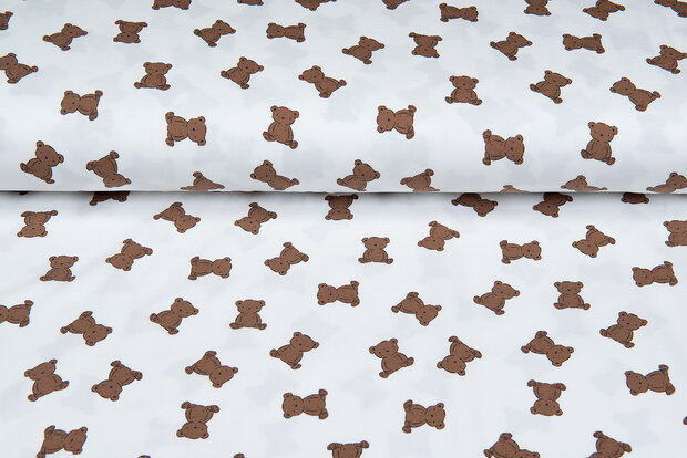 Katoenen Tricot bedrukt mini bears ecru - off-white