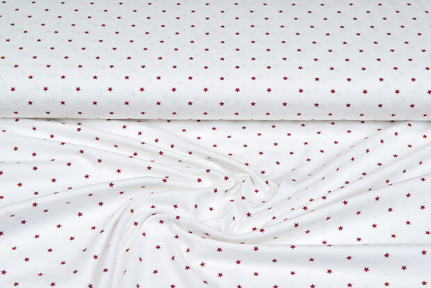 Katoenen Tricot bedrukt mini stars ecru - rood