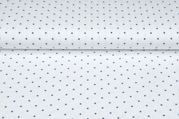 Katoenen Tricot bedrukt mini stars ecru - metaalblauw
