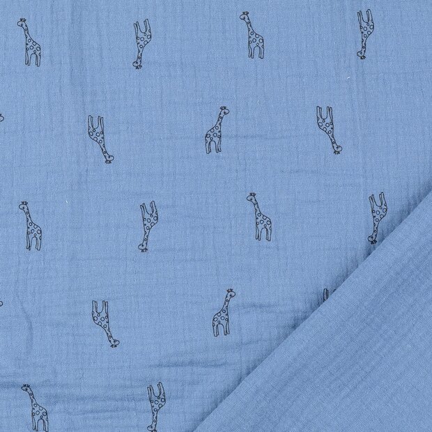 Baumwoll Musselin bedruckt little giraffe metalblau