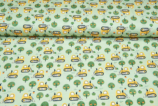 Baumwolljersey digital bedruckt bedrukt apple with bulldozer hellgr&uuml;n