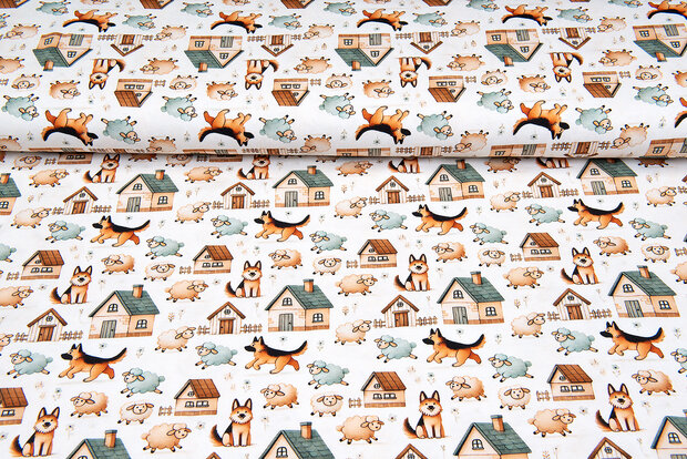 Baumwolljersey digital bedruckt bedrukt farm dogs with sheep