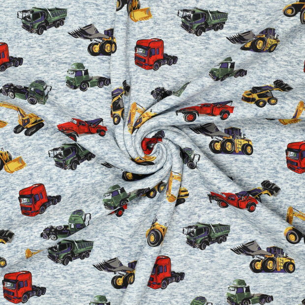 Alpenfleece bedrukt working machines jeansblauw-grijs