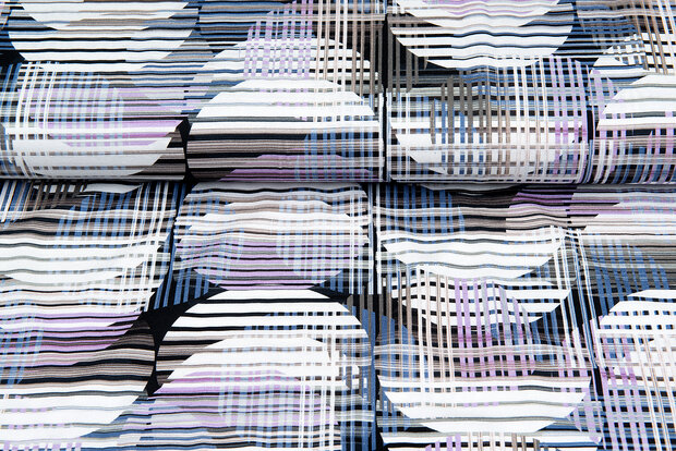 Baumwolljersey bedruckt colorful dot stripes blau-lila-weiss