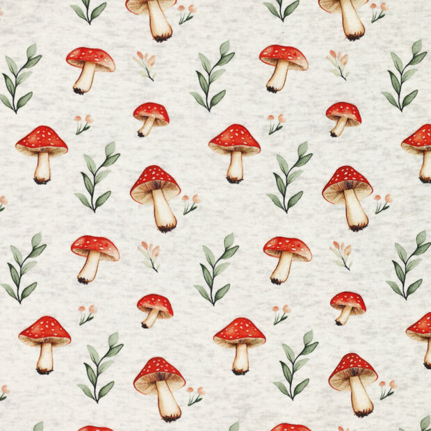 Alpenfleece bedrukt mushrooms lichtgrijs