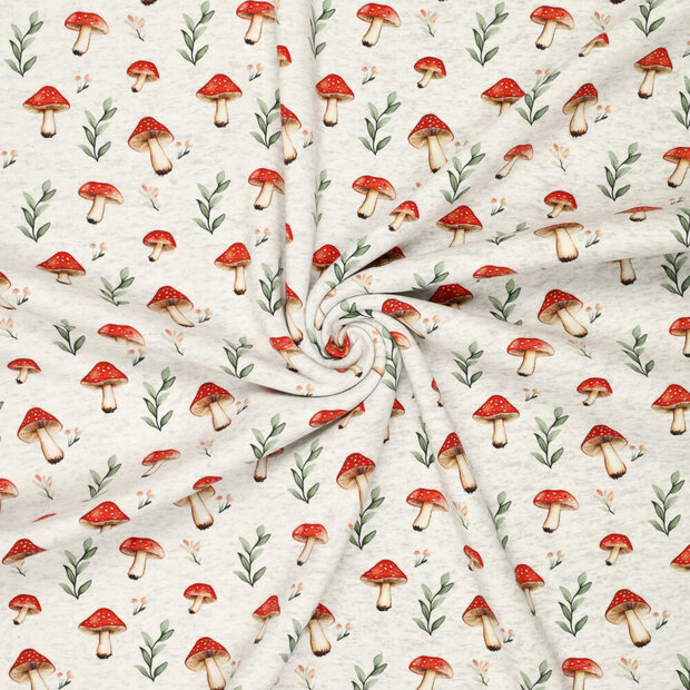 Alpenfleece bedrukt mushrooms lichtgrijs