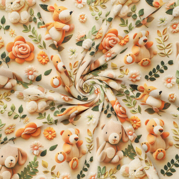 Alpenfleece bedrukt cuddly bears beige