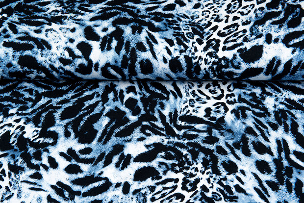 Katoenen Tricot bedrukt panther blauw-wit